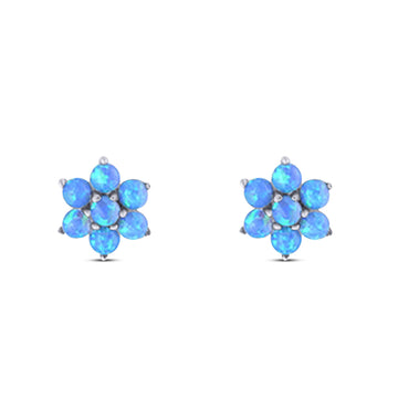 Art Deco Round Flower Design Stud Earring Created Blue Opal Solid 925 Sterling Silver (6.3mm)
